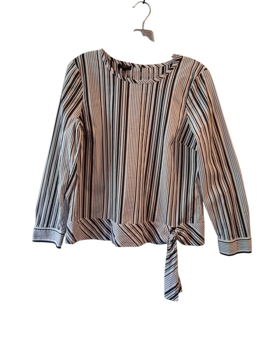 Talbots Poplin Black & White Vertical Stripe Tie-Hem Blouse Career Preppy - Picture 3 of 8